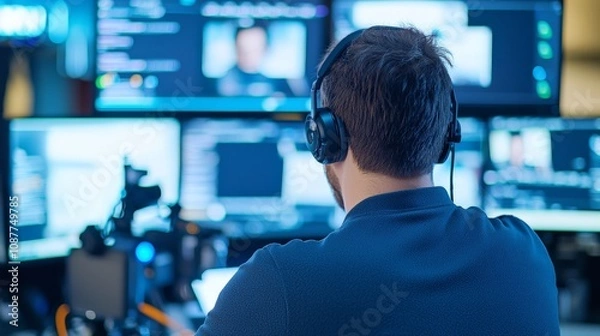 Fototapeta Back view of a man working on multiple monitors