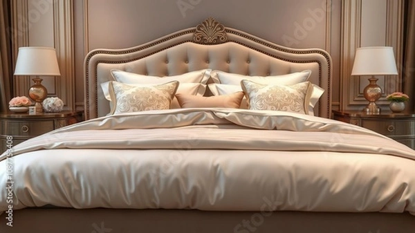 Obraz Luxurious bedroom with elegant bedding set in a neutral color palette, featuring a plush comforter, ornate throw pillows, and silky sheets, ornate, elegant, bedroom