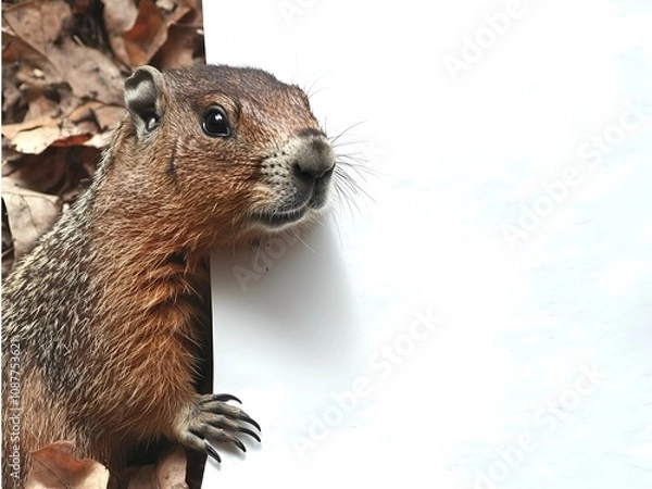 Fototapeta Groundhog emerging from snow-covered log on Groundhog Day celebration in a winter setting