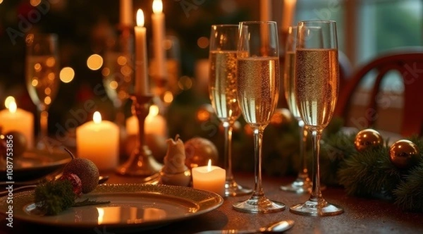 Fototapeta Festive holiday table setting with sparkling champagne glasses, glowing candles, and decorative ornaments, creating a cozy and elegant atmosphere