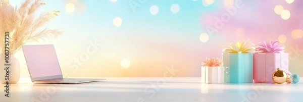 Fototapeta A festive workspace setup with a laptop, holiday decorations, and wrapped gifts, creating a cozy and creative environment for remote work during the holiday season.