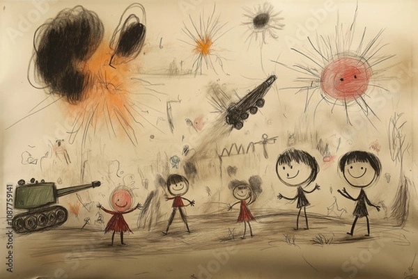 Fototapeta A child drawing made with colorful pencils depicting the horrors of war around children.	