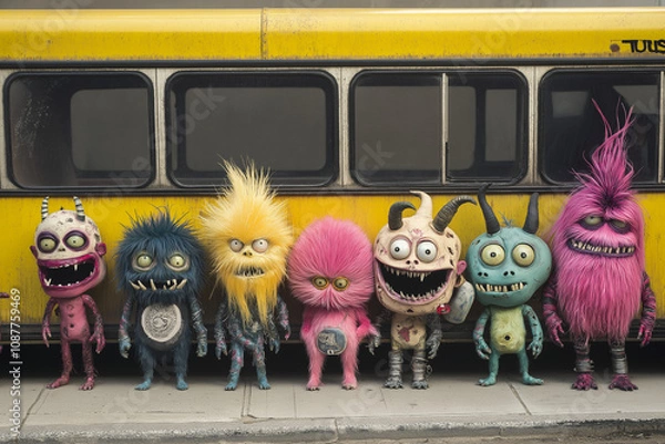 Fototapeta A group of junkie alien monsters waiting in line buy the bus during a night