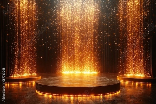 Fototapeta Glittering golden stage with cascading lights and black curtains