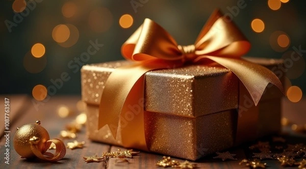 Fototapeta A beautifully wrapped golden gift box with a shiny ribbon, surrounded by festive decorations and warm bokeh lights
