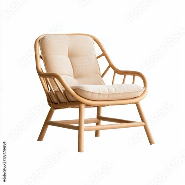 Fototapeta A stylish rattan chair featuring a soft cushion, perfect for modern and minimalist interior designs, Ideal for home decor, cafes, or outdoor spaces, adding a touch of comfort and elegance,