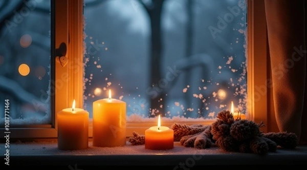 Fototapeta Lit candles on a snowy windowsill with frost and a cozy glow during a winter evening