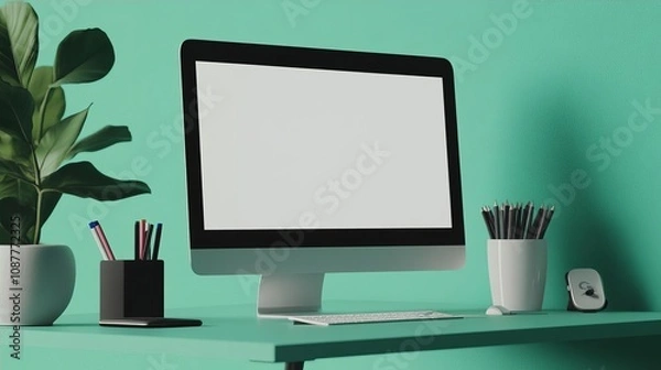 Fototapeta Modern Workspace  Blank Screen Computer  Desk Setup
