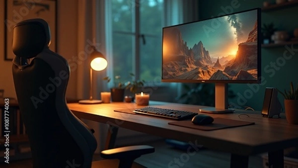 Fototapeta A cozy home office setup featuring a sleek computer monitor displaying a serene mountain landscape. The desk is adorned with a lamp, plants, and accessories, creating a productive and inviting workspa
