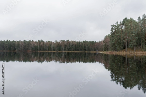 Fototapeta The calm lake reflects the lush green trees and fluffy clouds above, creating a tranquil atmosphere in a forested area during autumn