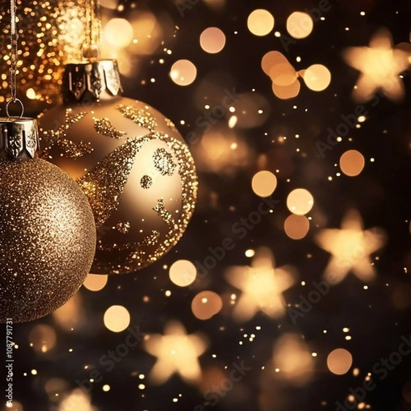 Fototapeta Gold Christmas Lights With Abstract Defocused Bokeh New Year's card with copyspace