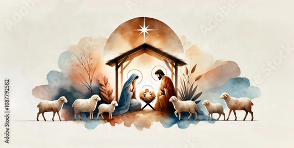Obraz Nativity scene in Bethlehem. Watercolor painting. Christmas scene illustration showing Holy Family baby Jesus in the manger Mary and Joseph. Banner Copyspace