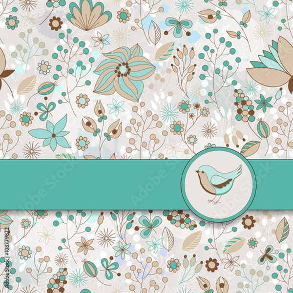 Obraz Vector card with floral pattern, ribbon and bird