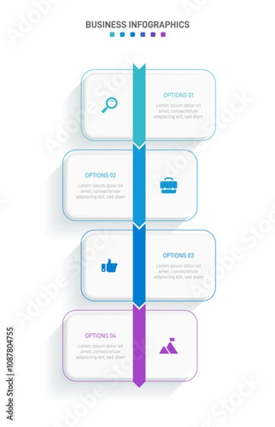 Fototapeta Vertical progress bar featuring 4 arrow-shaped elements, symbolizing the four stages of business strategy and progression. Clean timeline infographic design template. Vector for mobile presentation.