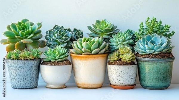 Fototapeta Here's a  and keyword list suitable for stock photo submission.. Diverse succulents in various pots against white background.