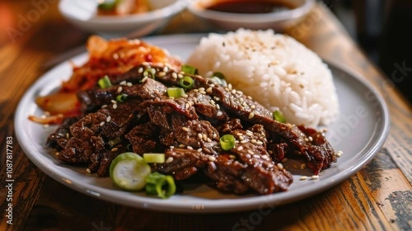 Fototapeta A tantalizing plate of beef bulgogi with marinated slices of beef, served with steamed rice and kimchi