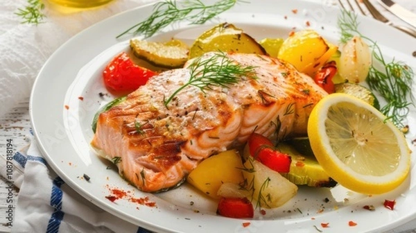 Fototapeta A tantalizing plate of grilled salmon fillet served with roasted vegetables and lemon wedges, Salmon fillet centered on a white plate
