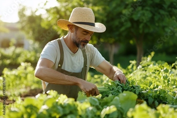 Fototapeta A man harvesting vegetables in a sunlit garden, showcasing sustainable farming practices.