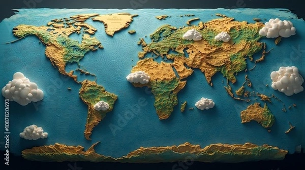 Fototapeta A textured map of the world created with colorful materials, resembling a 3D relief.