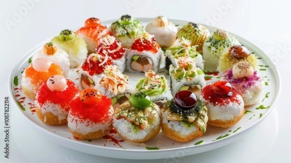 Fototapeta A tantalizing sushi donut platter with options like crab, cucumber