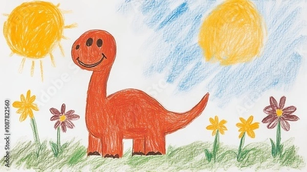 Obraz A child;s drawing of a dinosaur with a big friendly smile in a field of flowers under a rainbow.