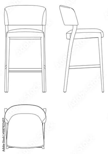 Fototapeta Bar Chair, Bar stool editable vector illustration on white background. chair Line art, clip art, Fancy Chair, Hand-drawn design elements with Front, Side, and Top Views