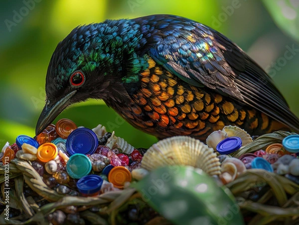 Fototapeta A vibrant bird with iridescent feathers perched by a colourful nest filled with plastic trash.