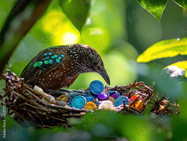 Fototapeta A unique bird tending to a nest of vibrant rubbish objects amidst lush leaves.