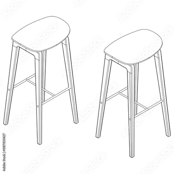 Fototapeta Bar Chair, Bar stool editable vector illustration on white background. chair Line art, clip art, Fancy Chair, Hand-drawn design elements with Fisometric view