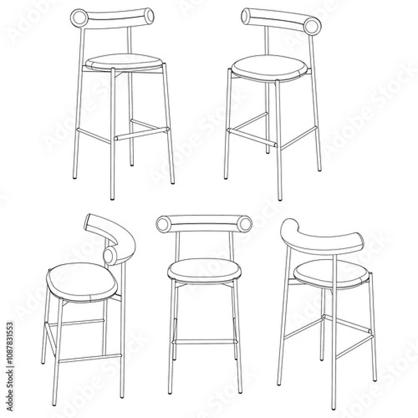 Fototapeta Bar chair and stool editable vector illustration  Fancy line art design, hand-drawn elements for modern bar furniture, stylish seating, and interior decor. Perfect for kitchen, lounge, or pub settings