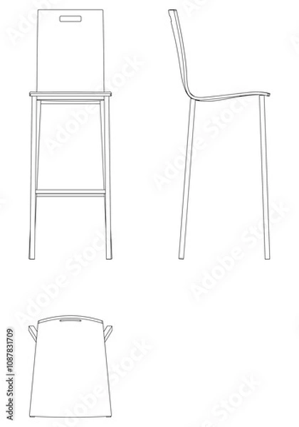 Fototapeta Bar Chair, Bar stool editable vector illustration on white background. chair Line art, clip art, Fancy Chair, Hand-drawn design elements with Front, Side, and Top Views