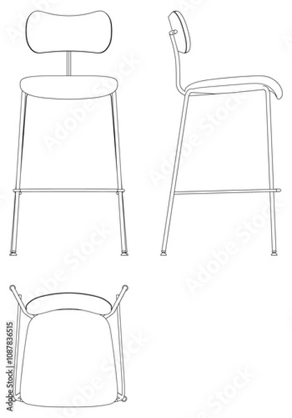 Fototapeta Bar Chair, Bar stool editable vector illustration on white background. chair Line art, clip art, Fancy Chair, Hand-drawn design elements with Front, Side, and Top Views