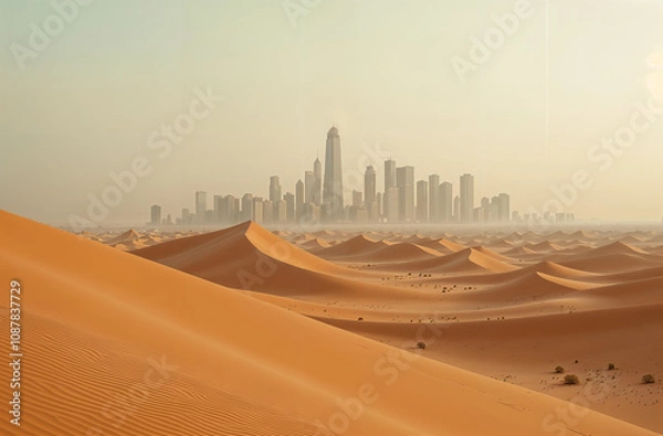 Fototapeta view of the metropolis from the desert. desert sands swallow the big city, gradually covering everything with sand. nature takes its toll