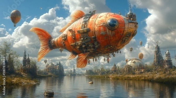 Fototapeta A whimsical scene featuring a giant fish airship floating above a serene landscape.