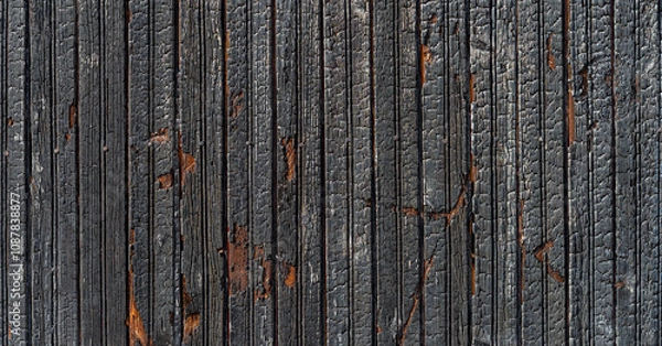 Obraz Burnt vertical wood planks texture on a bright sunny day. Background of charred wooden boards. Scorched wooden plank became black by heat and fire. Wide view image.