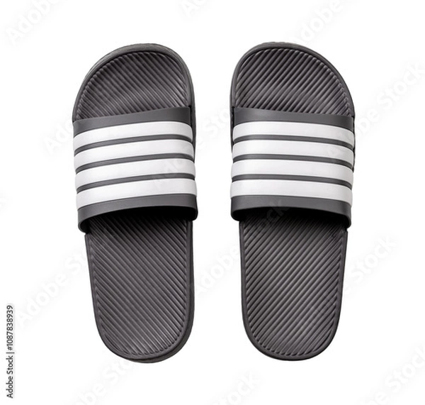 Obraz Gray rubber slippers cutout. Pair of slide sandals isolated on white background. Comfortable beach flip flops for hot weather and summer vacation. Shoes for pool or shower.