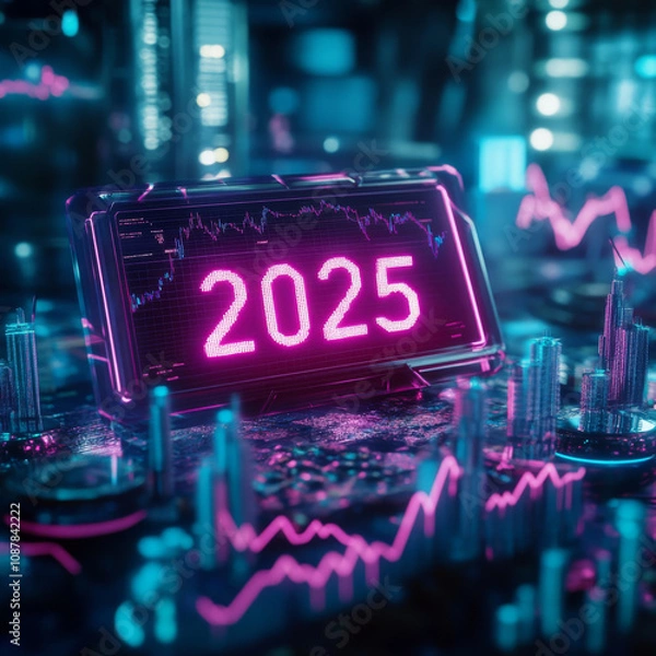 Obraz Futuristic digital display with 2025 in neon lights