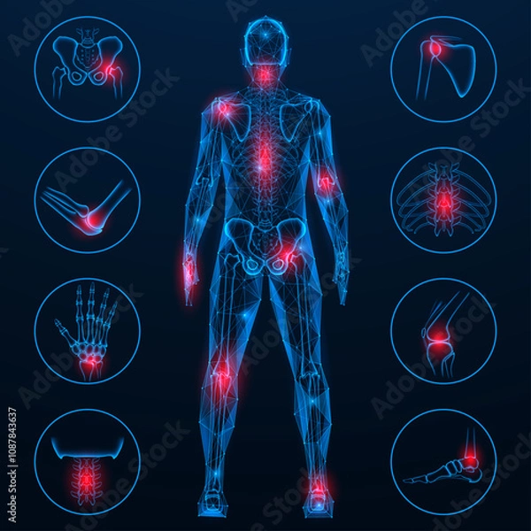 Fototapeta Human skeleton from the back, joint pain. Polygonal design of lines and dots. Blue background.