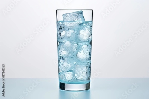 Fototapeta Refreshing minimalism  glass of cold water on white background, emphasizing freshness
