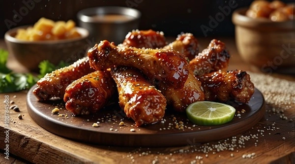 Obraz BBQ chicken wings with sticky glaze and sesame seeds