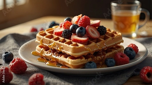 Obraz Crispy Belgian waffles drizzled with honey and topped with fresh berries