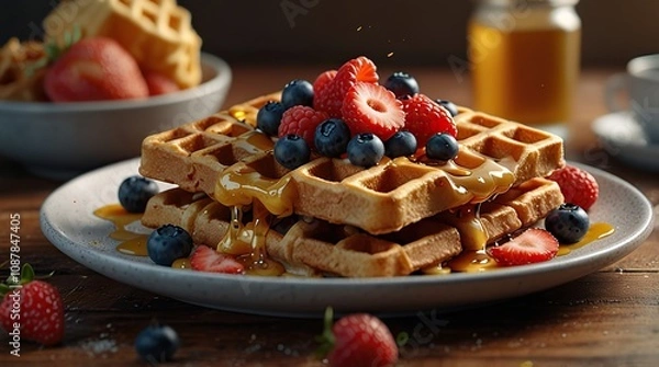 Obraz Crispy Belgian waffles drizzled with honey and topped with fresh berries