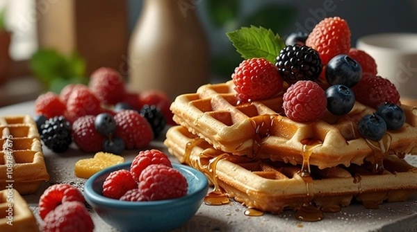 Obraz Crispy Belgian waffles drizzled with honey and topped with fresh berries