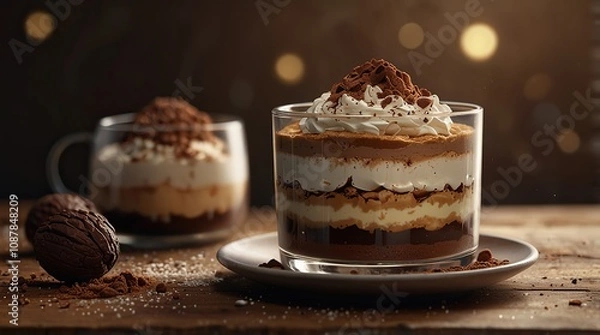 Obraz Layered tiramisu in a glass cup with cocoa dusting on top