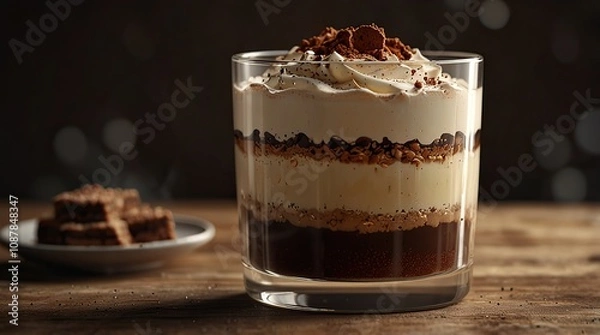 Obraz Layered tiramisu in a glass cup with cocoa dusting on top