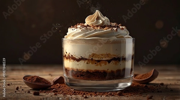 Obraz Layered tiramisu in a glass cup with cocoa dusting on top