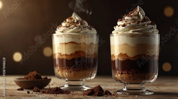Obraz Layered tiramisu in a glass cup with cocoa dusting on top