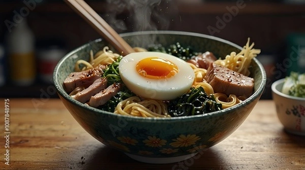 Obraz Ramen bowl with steaming broth