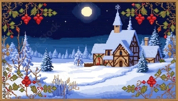 Fototapeta Wallpaper pixel art, retro styles christmas cottage in evening winter landscape