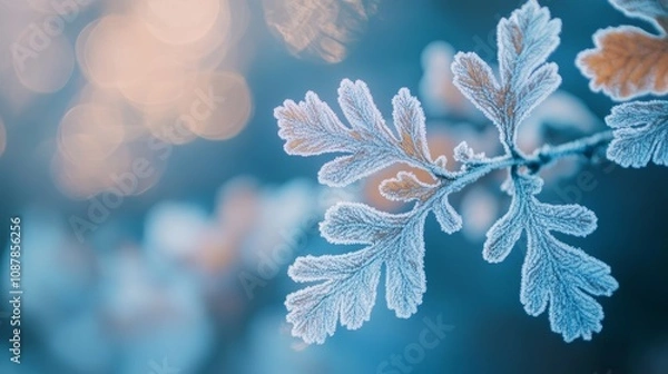 Fototapeta A frozen leaf on a branch with a blue background
